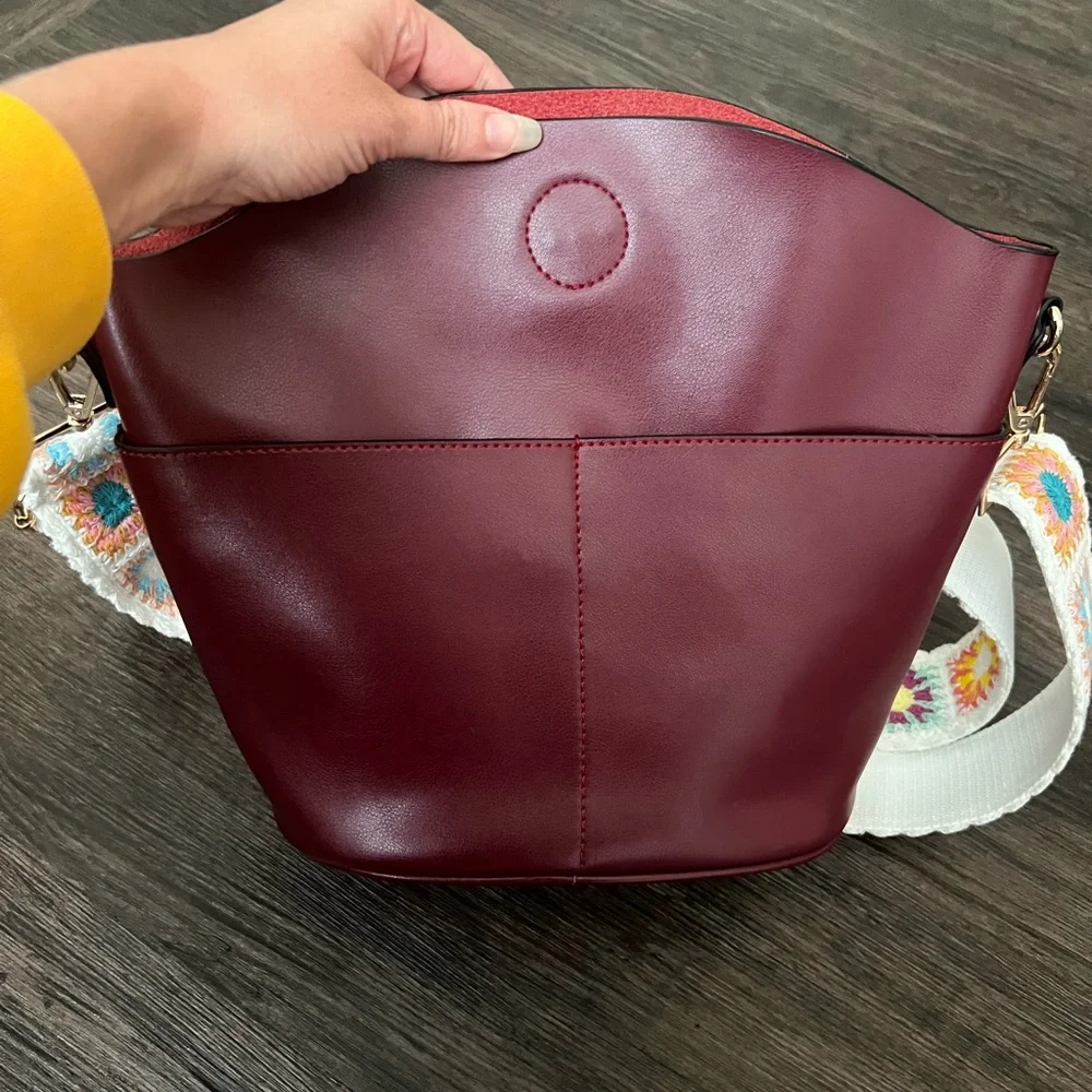Maroon Bucket Bag Purse w Colorful Wide Crossbody Adjustable Strap